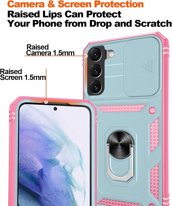 Gritup for Samsung Galaxy S22+ Plus Case with Screen Protector*2, Galaxy S22 Plus Case Build in 360° Rotating Ring Kickstand, Military Grade Protective Case for S22 Plus Phone, Green+Pink - Image 5