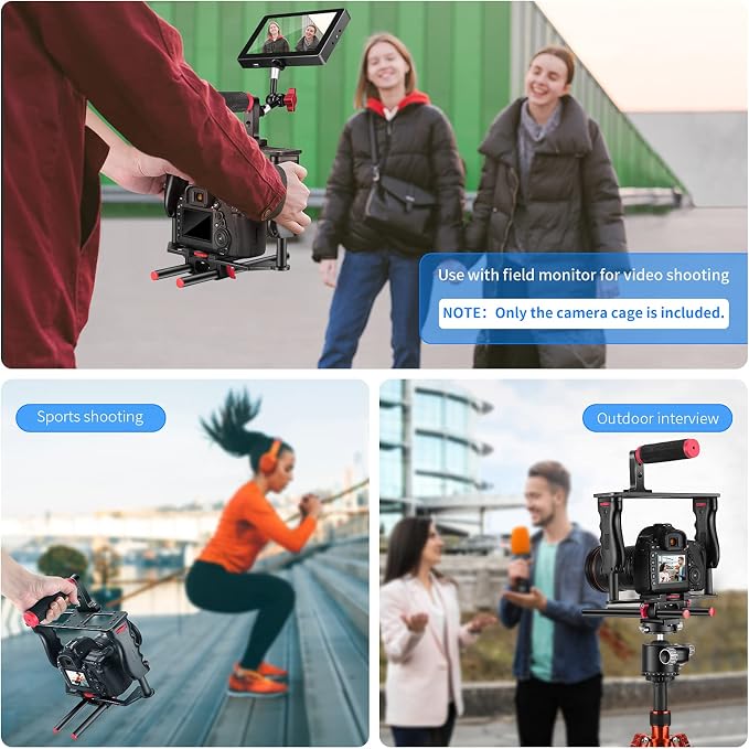NEEWER Camera Video Cage Film Movie Making Kit, Aluminum Alloy with Top Handle, Dual Hand Grip, Two 15mm Rods, Compatible with Canon Sony Fujifilm Nikon DSLR Camera and Camcorder (Black + Red) - Image 7