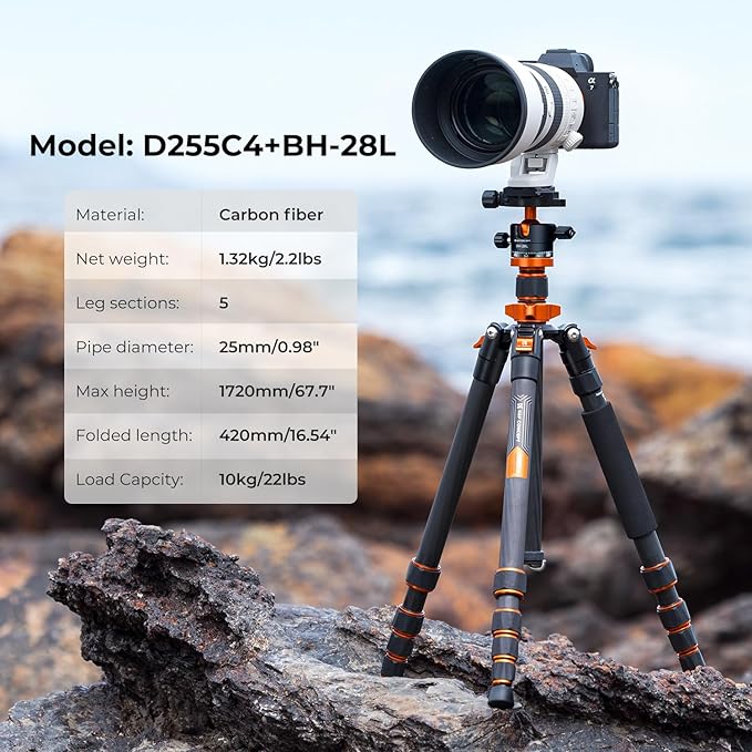 K&F Concept 68" Carbon Fiber Camera Tripod, Metal Ball Head for DSLR | 22lbs Load, Detachable Monopod, Compact Tripods with Phone Mount, Quick Release Plate, O255C4+BH-28L - Image 2