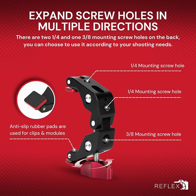 REFLEX CAMERA Super Clamp With 1/4" and 3/8" Threaded Holes for Mounting Cameras, Lights, Umbrellas, Hooks, Shelves, Plate Glass, Cross Bars, compatible with Magic Arm and more... - Image 4
