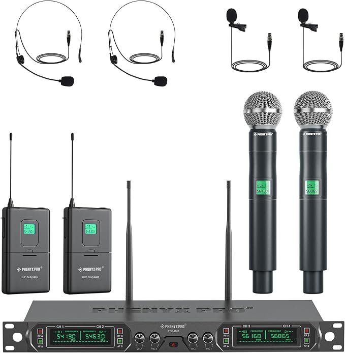 Phenyx Pro 4-Ch UHF Fixed Frequency Wireless Microphone PTU-5000-2H2B | 2 Handheld Mics, 2 Bodypacks, Headset/Lapel Mics, Metal Build, 260 ft Range, Church Services, DJ Sets by PhenyxPro