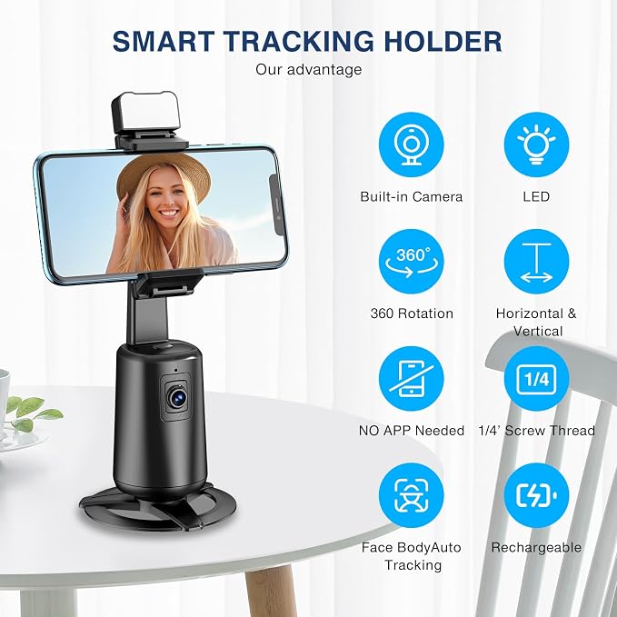 Auto Face Tracking Tripod 360° Rotating Cell Phone Photo and Video Kits Stand, No App, Camera Stand with Remote and Gesture Control, Rechargeable Smart Shooting Stand for Live Recording Tiktok（Black） - Image 2