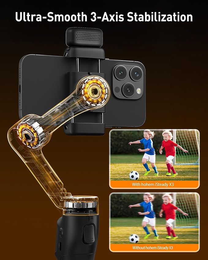 hohem iSteady X3 3-Axis Gimbal Stabilizer for iPhone & Android, Black | Detachable Remote, iSteady 8.0 Anti-Shake, Tripod & Extendable Rod, Magnetic Fill Light, AI Tracking, Foldable 0.93lb Design - Image 2