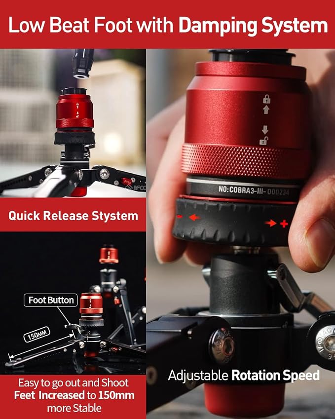 IFOOTAGE Cobra 3 Monopod with Pedal C180F-P with Fulid Head K5S,Carbon Fiber Monopod for Camera,DSLR,Minipod Base-P Pedal Lock Design Tripod,Payload up to 17.6lbs/8KG,Max. Height 71"/180cm - Image 3
