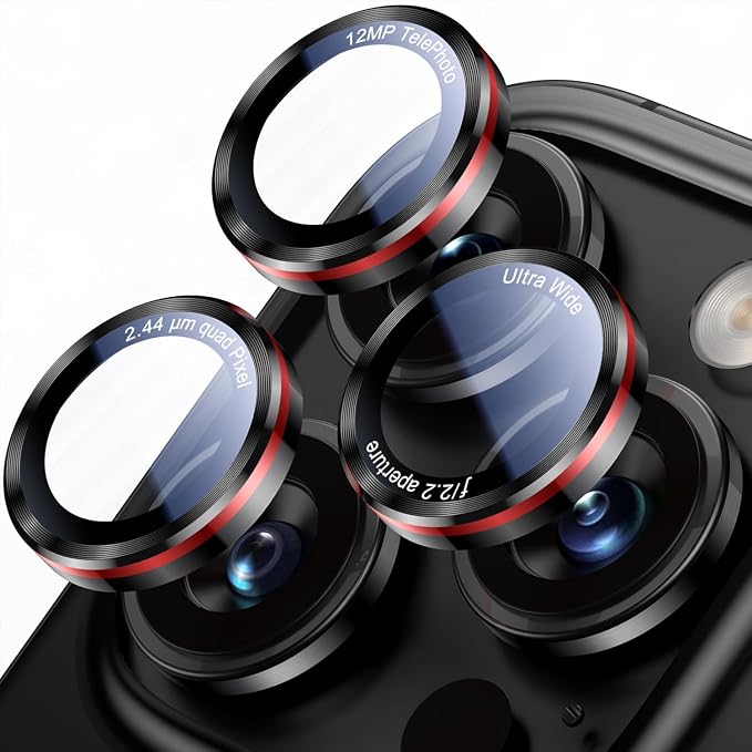 Uyiton for iPhone 17/16/15/14 (Pro Max & Pro) Camera Lens Protector | Unique Lines Text Design, Case-Friendly, Military-Grade Sapphire Glass Metal Camera Cover, Easy to Install, Black+Red - Image 8