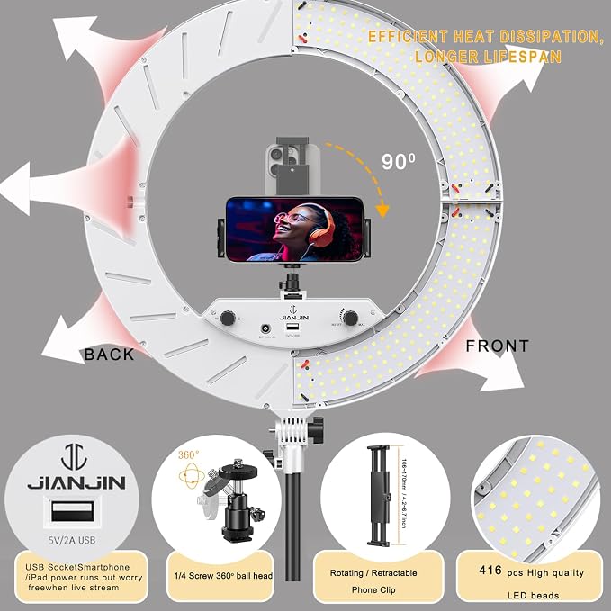 Ring Light Kit:18"/45cm Outer 55W6700k Dimmable LED Light, Tripod Stand, Remote Controller,Box for Camera,Smartphone,YouTube,TikTok,Self-Portrait Shooting,CRI95,White - Image 3