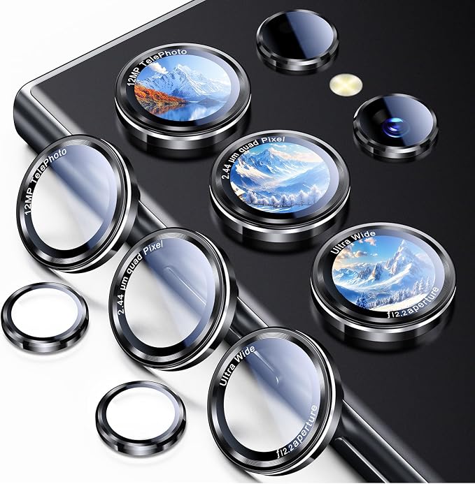 Uyiton for Samsung Galaxy S24 Ultra Camera Lens Protector, Unique Design | Case-Friendly, Military-Grade Sapphire Glass with Aluminum Metal Rear Camera Screen Cover, Black+Silver (6.8 inch) by Uyiton