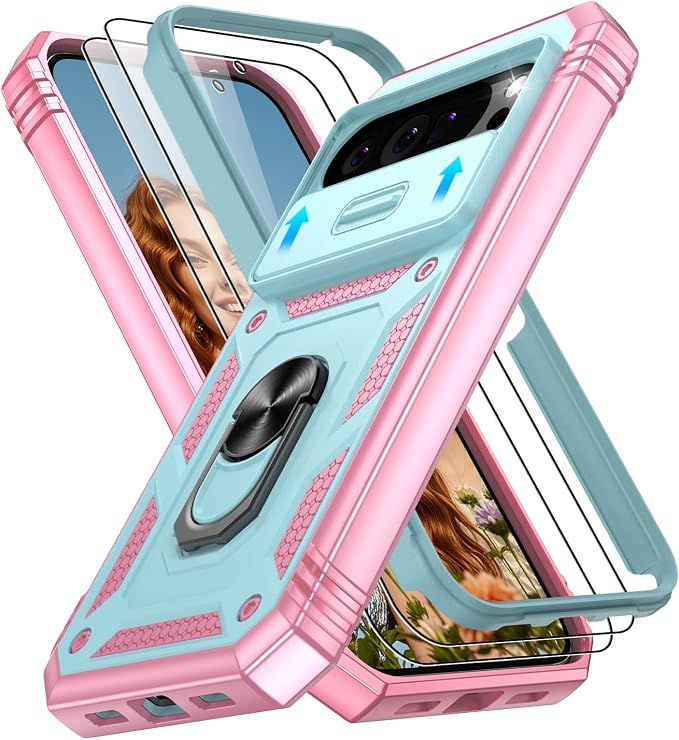 Gritup for Google Pixel 10 Pro XL Case with Screen Protector*2 | Magnetic Stand & Slide Camera Cover, Shock Proof Military-Grade Phone Case, Green+Pink by Gritup