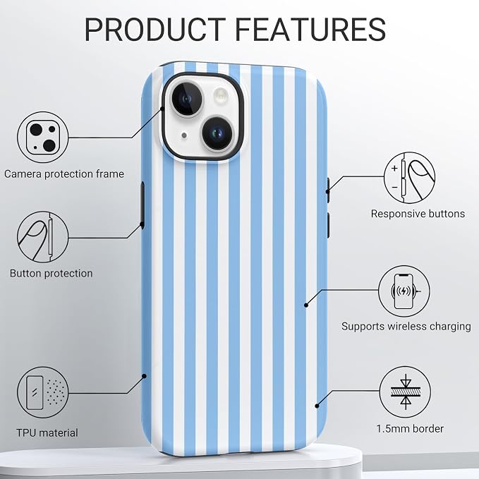 TPU Phone Case for iPhone 14, MagSafe Wireless Charging Compatible, Shockproof Slim Fit Protective Cover with Anti-Yellowing & Raised Camera Protection (Blue Stripe, iPhone 14) - Image 4