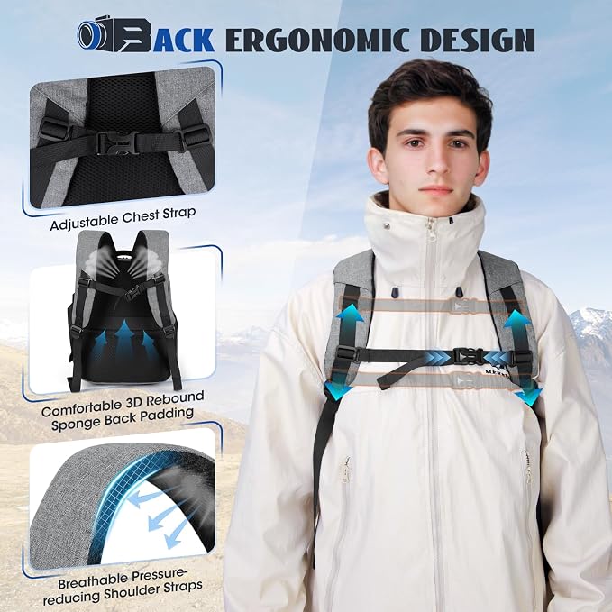 Camera Backpack Camera Bag for Photographers DSLR SLR Mirrorless Camera Cases with Waterproof Rain Cover & Laptop Compartment Fits 14 Inch Laptop,Anti Theft Travel photography backpack,Grey - Image 5