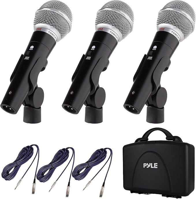 Pyle 3 Piece Professional Dynamic Microphone Kit Cardioid Unidirectional Vocal Handheld MIC with Hard Carry Case & Bag, Holder/Clip & 26ft XLR Audio Cable to 1/4'' Audio Connection (PDMICKT34),Black by PyleUSA