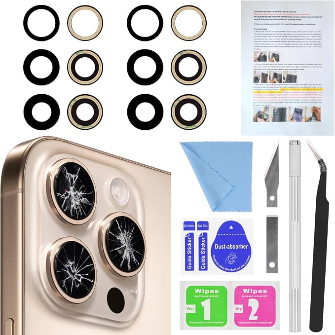 2PCS ASDAWN Back Rear Camera Lens Glass Replacement for iPhone 16 Pro Max and 16 Pro Camera Glass Lens Replacement with Pre-Installed Adhesive + Repair Tool Kit + Installation Manual by ASDAWN