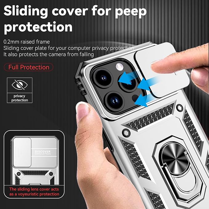 HNHYGETE for iPhone 15 Pro Case with HD Screen Protector: [Military Grade 20ft. Drop Tested] Slide Camera Cover Ring Shockproof Protective Phone Case for - iPhone 15 Pro (Silver) - Image 4