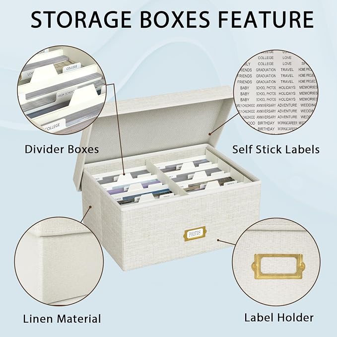 Decorative Photo Storage Box, Linen Photo Box Holds 1700 5x7 Pictures Beige | Photo Storage Containers with 8 Dividers, Memory Keepsake Organizer for Photos, Scrapbook Supplies, Cards, Stamps,Archive Box - Image 3