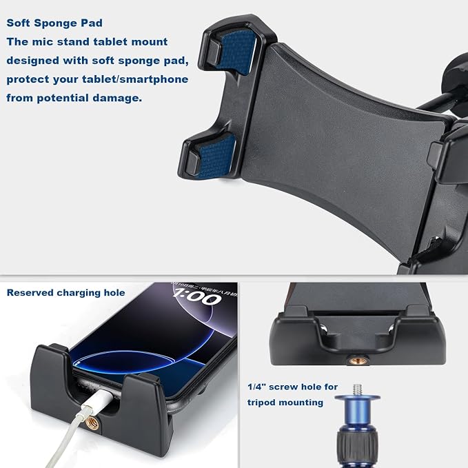 koolehaoda Tablet Mount Holder for Mic Stand, Adjustable 4.7"-12.9" | Microphone Music Stand iPad iPhone Holder, Fits Tablets & Smartphones, Universal Clamp for Stage Live Streaming Karaoke - Image 6