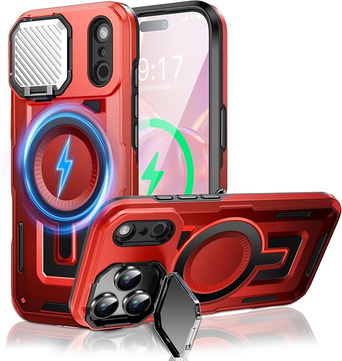 Camera Stand Case for iPhone 17 Pro, [Compatible with MagSafe] [Lens Cover] 2025 Version Military Grade Protective Soft Case for iPhone 17 Pro 6.3 inch Men Women, Red by WASTROYAL