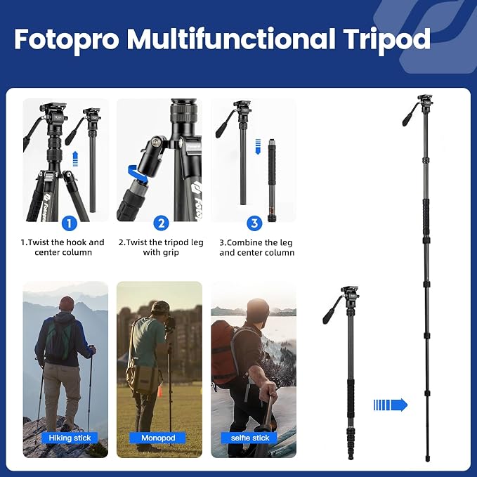 Fotopro 59" Carbon Fiber Travel Tripod, Compact Video Tripods with Fluid Head, Detachable Monopod with Quick Release Plate and Bag, Camera Tripod Load up to 8KG/17.63lbs - Image 5