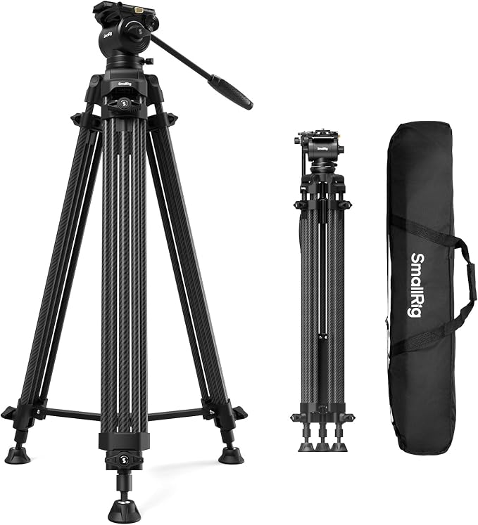 SMALLRIG 73''/185cm Carbon Fiber Heavy Duty Video Tripod, Max Load 10kg (22lbs), Fluid Head with +85° to -78 Tilt Range, Compact Camera Tripod Weight 2.7kg(6lbs), Folded Height 87cm, AD-14 by SmallRig