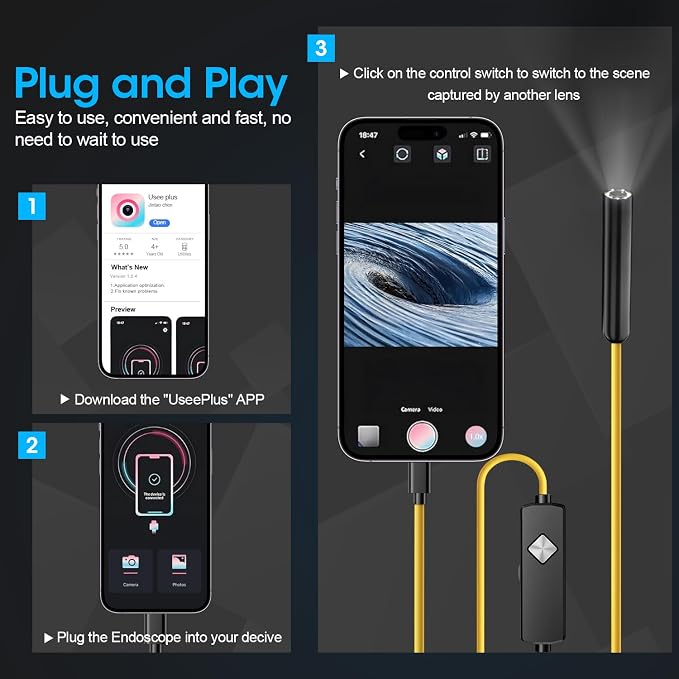 Endoscope with Light, 1920P HD Borescope with 8 Adjustable LED Lights, Semi-Rigid Snake Camera, IP67 Waterproof Inspection Tool (16.4ft, Yellow Harness + Single Lens) - Image 7