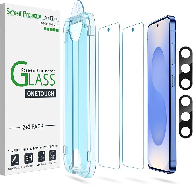 amFilm OneTouch for Samsung Galaxy S25 Screen Protector 6.2" Tempered Glass | Auto-Alignment 30s Install with Camera Lens Protector, Bubble Free, Case Friendly, Anti-Scratch [2+2 Pack] (S25-6.2'') by amFilm