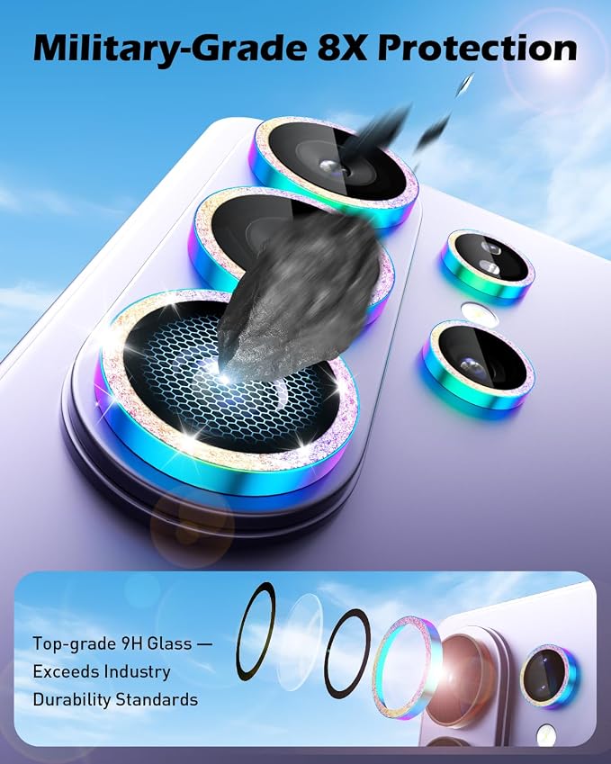 CloudValley for Samsung Galaxy S26 Ultra Camera Lens Protector Bling | 9H Tempered Glass + Aluminum Alloy Lens Protective Ring [Glitter Decoration] Ultra-HD Individual Lens Cover,Glitter Colorful - Image 3