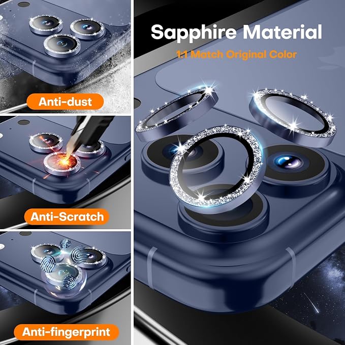 Camera Lens Protector for iPhone 17 Pro Max/17 Pro-Gliter Deep Blue | 9H Tempered Glass, Metal Individual Camera Cover, Accessories, Anti-drop, Case Friendly, HD Clear, Anti-Scratch - Image 3