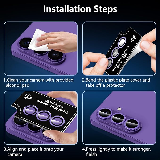 for Samsung Galaxy S26 Camera Lens Protector, Individual Metal Ring Tempered Glass Lens Cover, [Strong Adsorption] Scratch Resistant Ultra-Thin HD Clear Lens Cover, 1 Set-Purple - Image 7