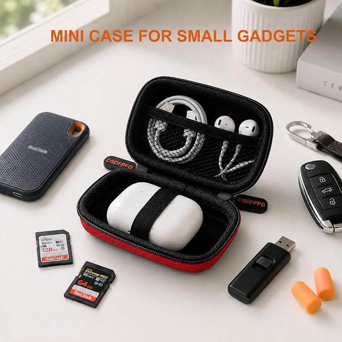 Mini Small Hard Shell Earbud Case, Red Rectangle Carrying Zipper IEMs Pouch | for Apple Airpods, Earpods, Samsung Galaxy Buds, Wired Wireless Earbuds, Earplugs, In Ear Monitor, USB Cable, Flash Drive - Image 4