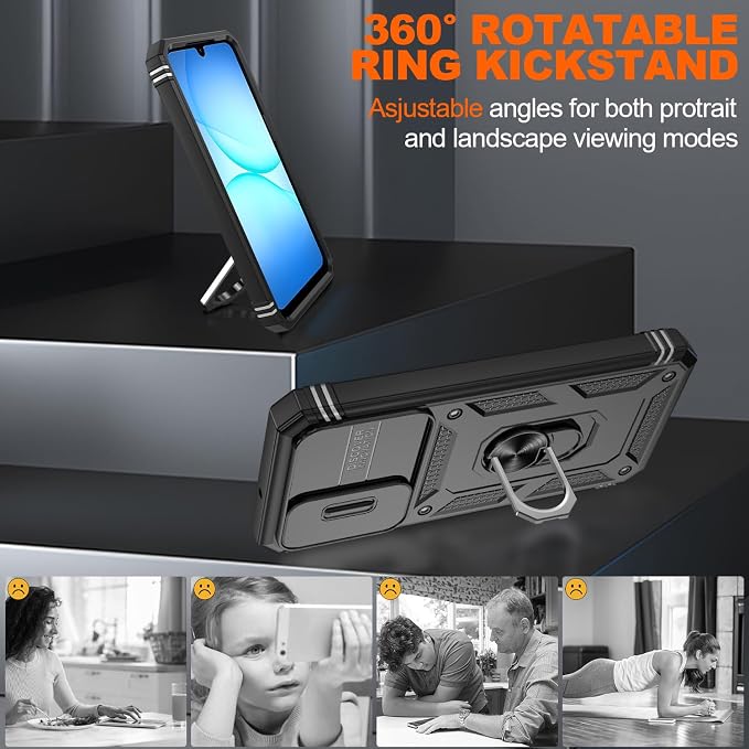 Gritup for Samsung Galaxy A17/A16-5G Phone Case with Camera Cover | 2*Screen Protector & 360° Rotating Ring Kickstand, Military Grade Protective Cover para Samsung A 17, Black - Image 7