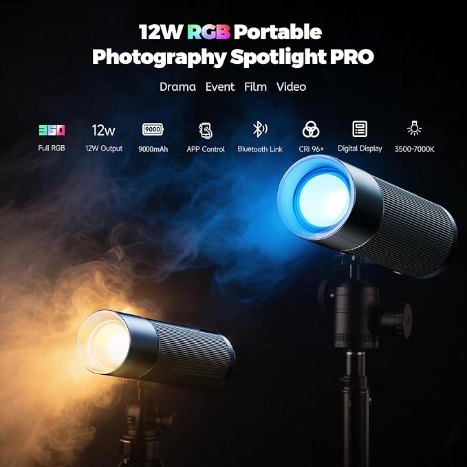 PHOTOOLEX RGB Photography Spotlight, Photography Flashlight, Optical Snoot | 360 ° Color/3500K-7000K/CRI96+/12 Effects/3 Optical Lens/12W Output/PRO, 20 Metal Gobo Filters/9000mAh/APP Control/Portable - Image 2