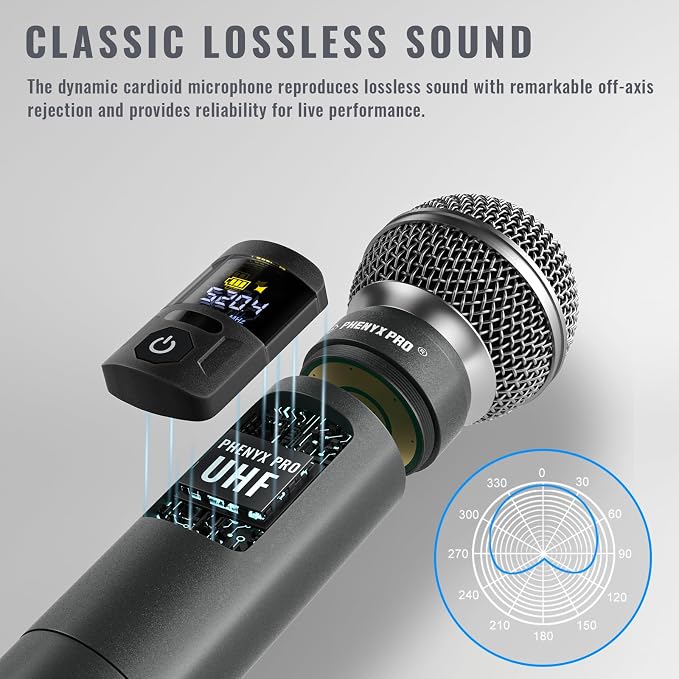 Phenyx Pro Dual UHF Tunable Freq Wireless Microphone System PTU-52-1H1B | 2 x 30 Tunable Fre, 200 ft Range, 2 Headset/Lapel Mics, Metal Cordless Mic for Singing, Karaoke, Church, Wedding, DJ Events - Image 5
