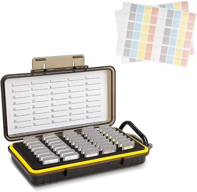 40 Slots Memory Card Case + 120 Count Card Labels: Camera Memory Card Holder Organizer with Memory Card Labels for SD SDHC SDXC Cfexpress Card by Kiorafoto
