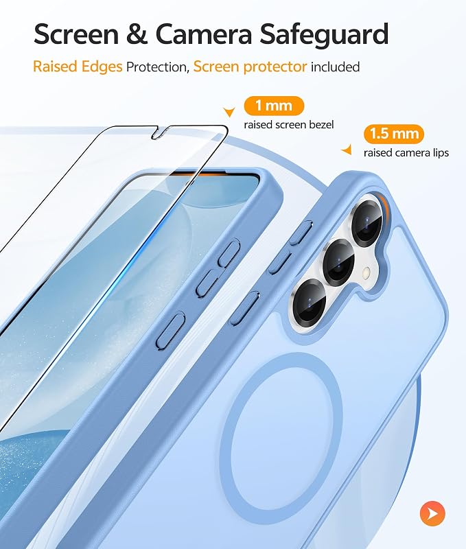 FNTCASE for Samsung Galaxy S25/S24 Case, Fit for Magsafe, Screen Protector | Translucent Matte Magnetic Back, 14FT Military Grade Drop Protection, Shockproof Protective Phone Cover, Light Blue - Image 4