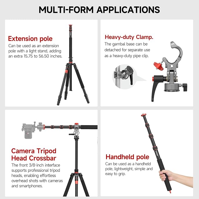 AMBITFUL 56.5" Tripod Extension Boom Arm Aluminum Heavy-Duty Stand Arm | 18.3"-56.5" Adjustable Tripod Boom Arm with Sandbag 360° Rotatable Overhead Photography Arm for Camera, 22lbs Load Capacity - Image 2