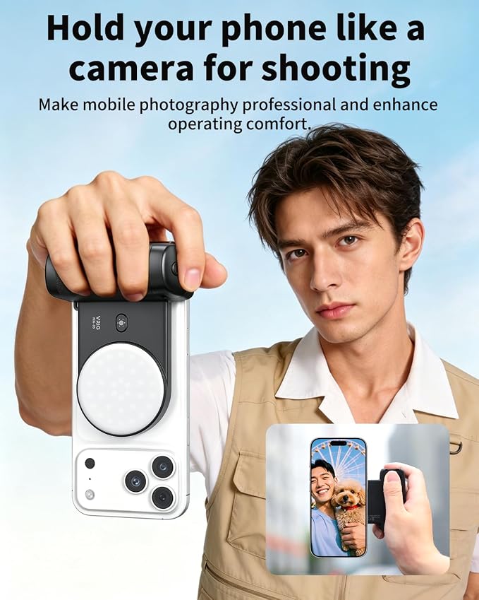 VRIG MG-35 Magnetic Phone Camera Grip for iPhone/Android with Detachable Wireless Shutter Remote,Three-Gear Adjustable Fill Light, 1/4" Tripod Screw - Comfort Ergonomic Camera Grip Handle Holder - Image 6