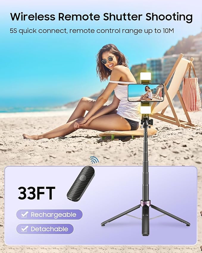 53" Selfie Stick Tripod with Dual Fill Lights and 4-Leg Base | Enhanced 4-leg Steady Base, Rechargeable Wireless Remote control, 2 Fill Lights, Travel Essentials for iPhone Android - Image 5