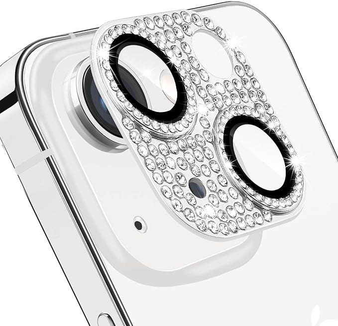 for iPhone 14 & iPhone 114 Plus Camera Lens Protector, Bling 3D Rhinestone Sparkle Diamond 9H Tempered Glass Camera Cover Anti Scratch Shockproof Metal Lens Screen Full Protective Cover, Silver by Hsefo