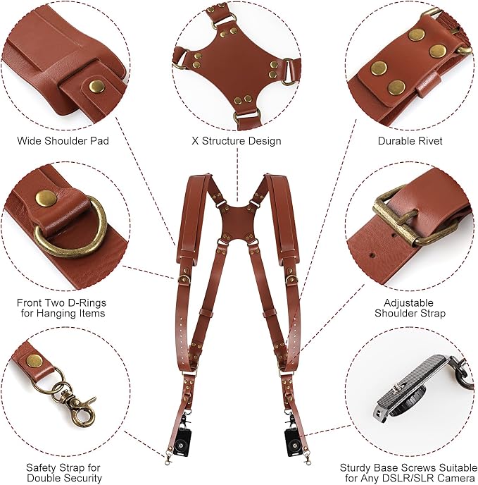JUNART Camera Strap,Leather Dual Camera Harness with Shoulder Widening Stress Relief, for Two DSLR/SLR Cameras - Image 3