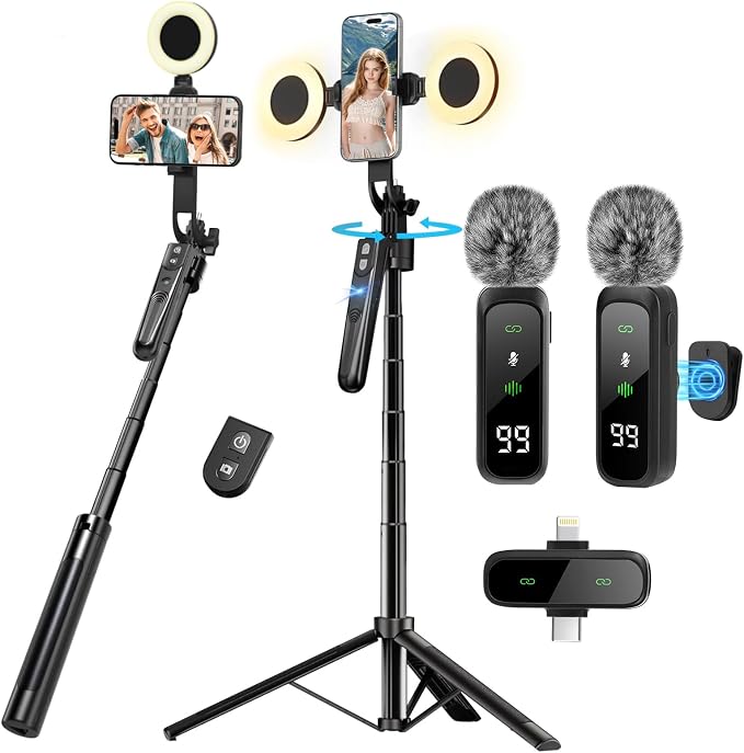 Content Creator Starter Kit,Vlogging Kit for iPhone/Android,70”Auto Face Tracking Tripod 360 Rotation with Light, Wireless Microphones,Selfie Stick Tripod for TikTok & YouTube Starter Kit by HUGSEE