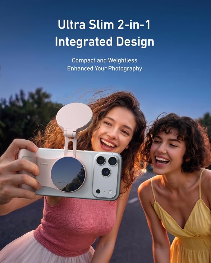 TELESIN Ultra-Slim Phone Camera Grip with RGB 360° Selfie Light & Mirror | Enhance Zoom Fun Shot 18N Strong Magnet Grip for iPhone/ Android Native Camera Control, No Need App for iOS26/17/18, 1/4 Nut - Image 2