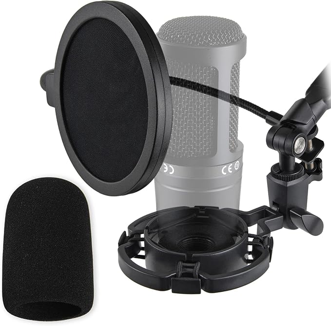 AT2020 Shock Mount with Pop Filter and Foam Windscreen, Noise Reduction Microphone Shock Mount Mic Holder for Audio Technica Mic by Rigych