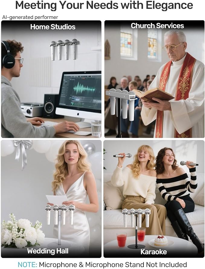 Multi Mic Holder, Wall Mount for 4 Handheld Wired/Wireless Mics, White | Compatible with 5/8-27 & 3/8-16 Thread Stand, Rubber Pad Protection, Easy Access for Church/Stage/Podcast, Sturdy Metal Build - Image 7