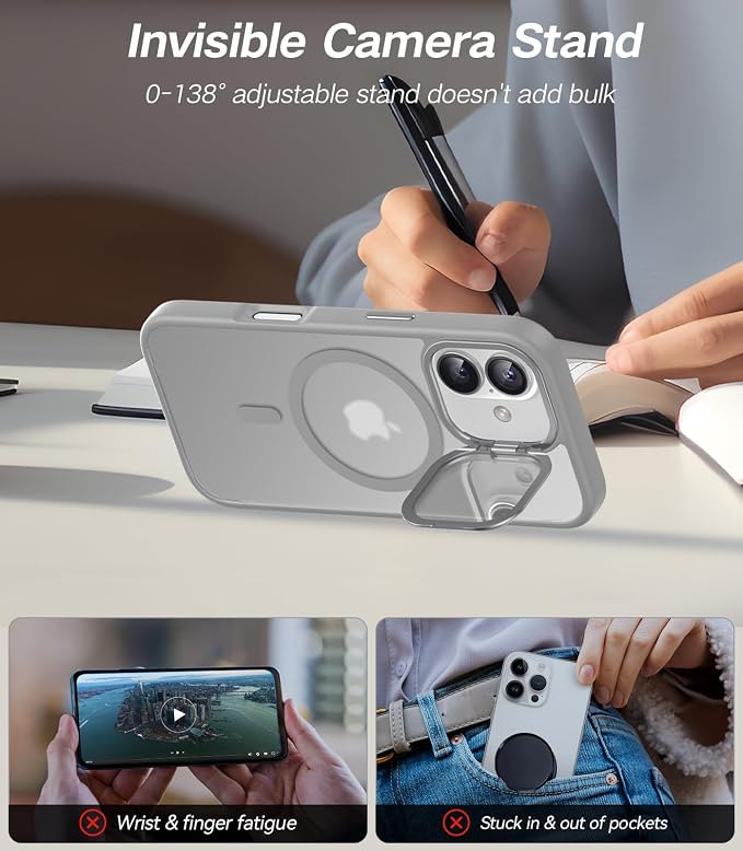 VOFATA [Upgraded Full Camera Protection] for iPhone 17 Case with Camera Cover Stand [Fit for MagSafe][10FT Mil-Grade Protection] Translucent Magnetic iPhone 17 Phone Case, Grey - Image 3