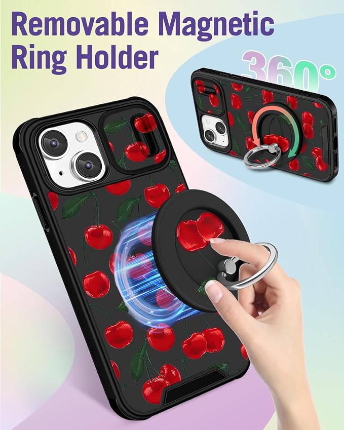 Buleens for iPhone 15 Case 6.1 Inch - with Ring Stand & Camera Cover Aesthetic Cute Designed for Women Girls Girly Kawaii Cherry for Phone Case for iPhone 15 Compatible with Magsafe - Image 5