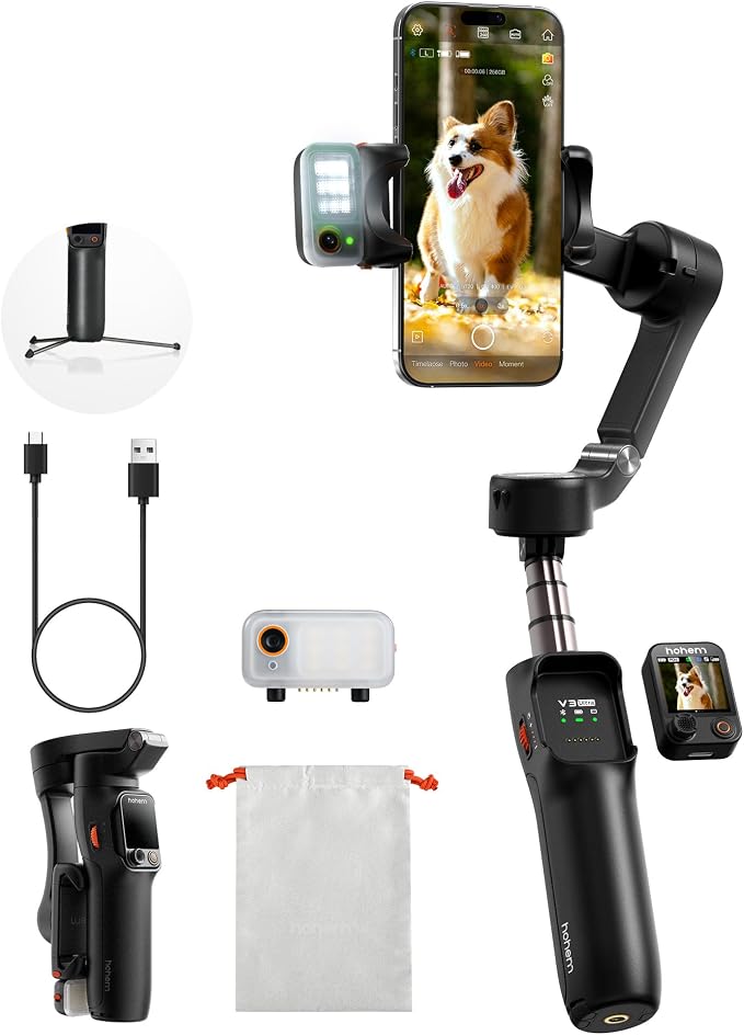 hohem iSteady V3 Ultra 3-Axis Gimbal Stabilizer for iPhone & Android | AI Live Feed Monitoring, AI Auto Tracking, Touchscreen Remote, iSteady 9.0 Anti-Shake, 8" Rod, Tripod, Fill Light, 9H Battery by Hohem