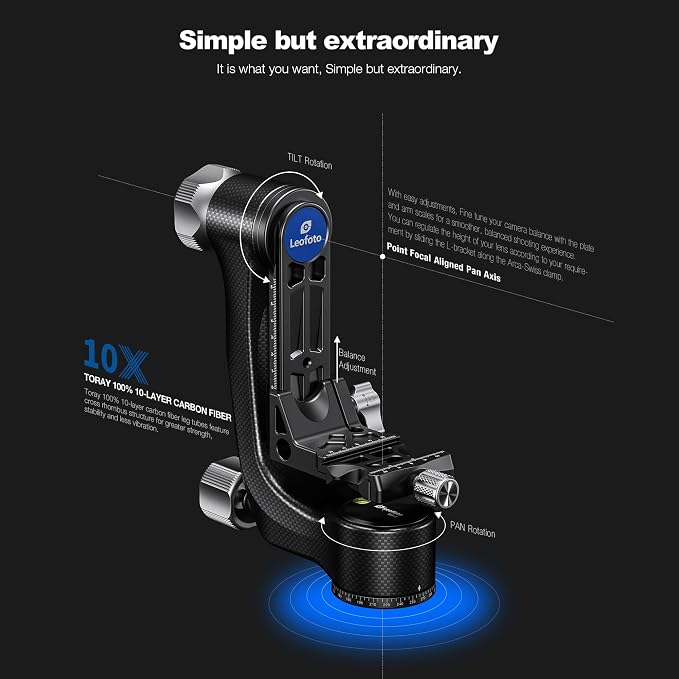 Leofoto Camera Gimbal Head, Carbon Fiber Adjustable Gimbal Head with 360° Rotation Shooting, Arca-Swiss Clamp and 3/8"-16 Mounting Hole for Camcorder/Telephoto, Max Load to 25kg/55.12lb (PG-3-Black) - Image 2