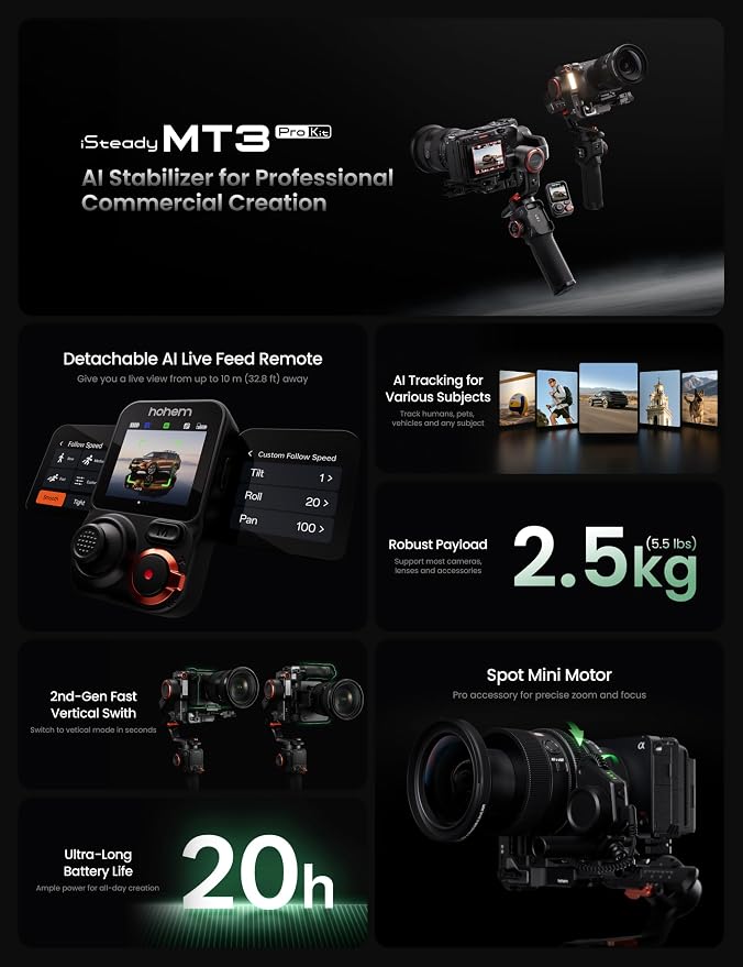 Hohem iSteady MT3 Pro Kit 3-Axis Gimbal Stabilizer for Camera, AI Tracker with Fill Light, for Mirrorless/Pocket/Action Camera/Smartphone, Detachable Touchscreen Control, for Canon/Nikon/Sony/Fujifilm - Image 2