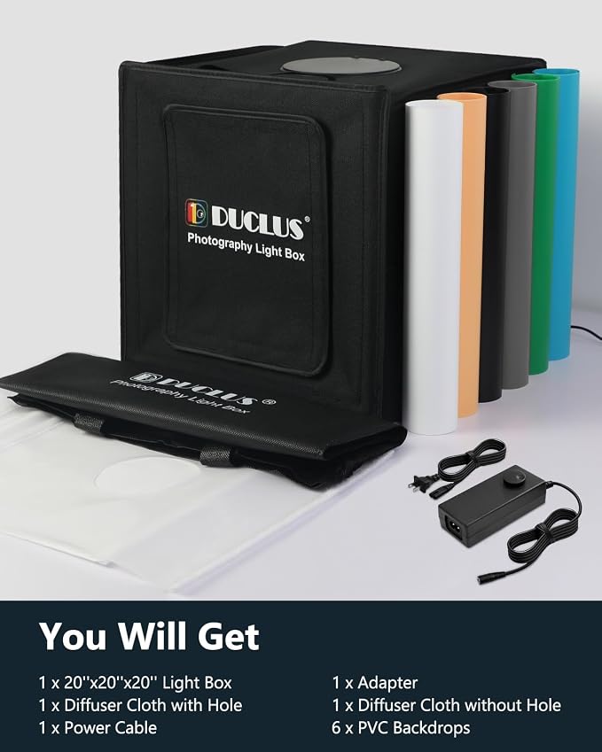 Light Box Photography 20" x 20", Large Portable Photo Studio Light Tent kit, Professional Dimmable Photo Booth with 216 LED Lights & 6 Backdrops for Jewelry and Food Items Product Photography - Image 8