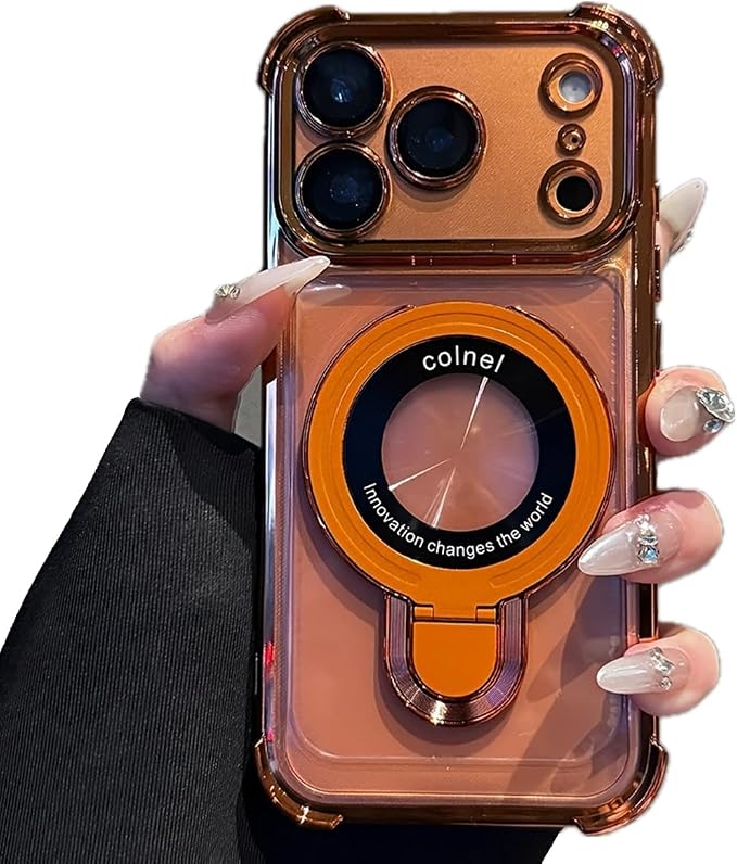 for iPhone 17 Pro Clear Case with Magnetic Ring Stand, [Compatible with MagSafe] Shockproof Kickstand Plating Soft Case with Camera Lens Protector Girls Woman Cover for 17 Pro 6.3", Orange by Unknown