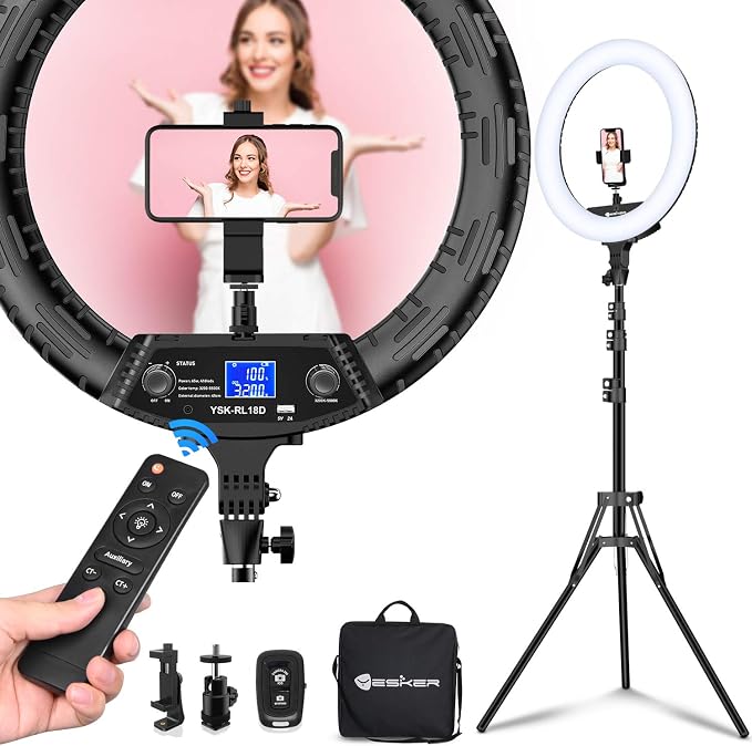 Yesker Ring Light 18" Wireless Remote LCD Screen with Tripod Stand 65W LED Ringlight Bi-Color 3200-5500K CRI≥95 for Portrait Live Stream Photography Tiktok Video Zoom Meeting Online Teaching by YESKER